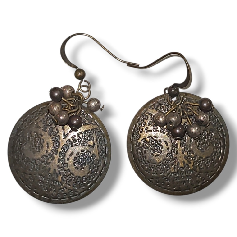 Vintage Bronze Tone Paisley Disc Dangle Earrings Bead Cluster Boho